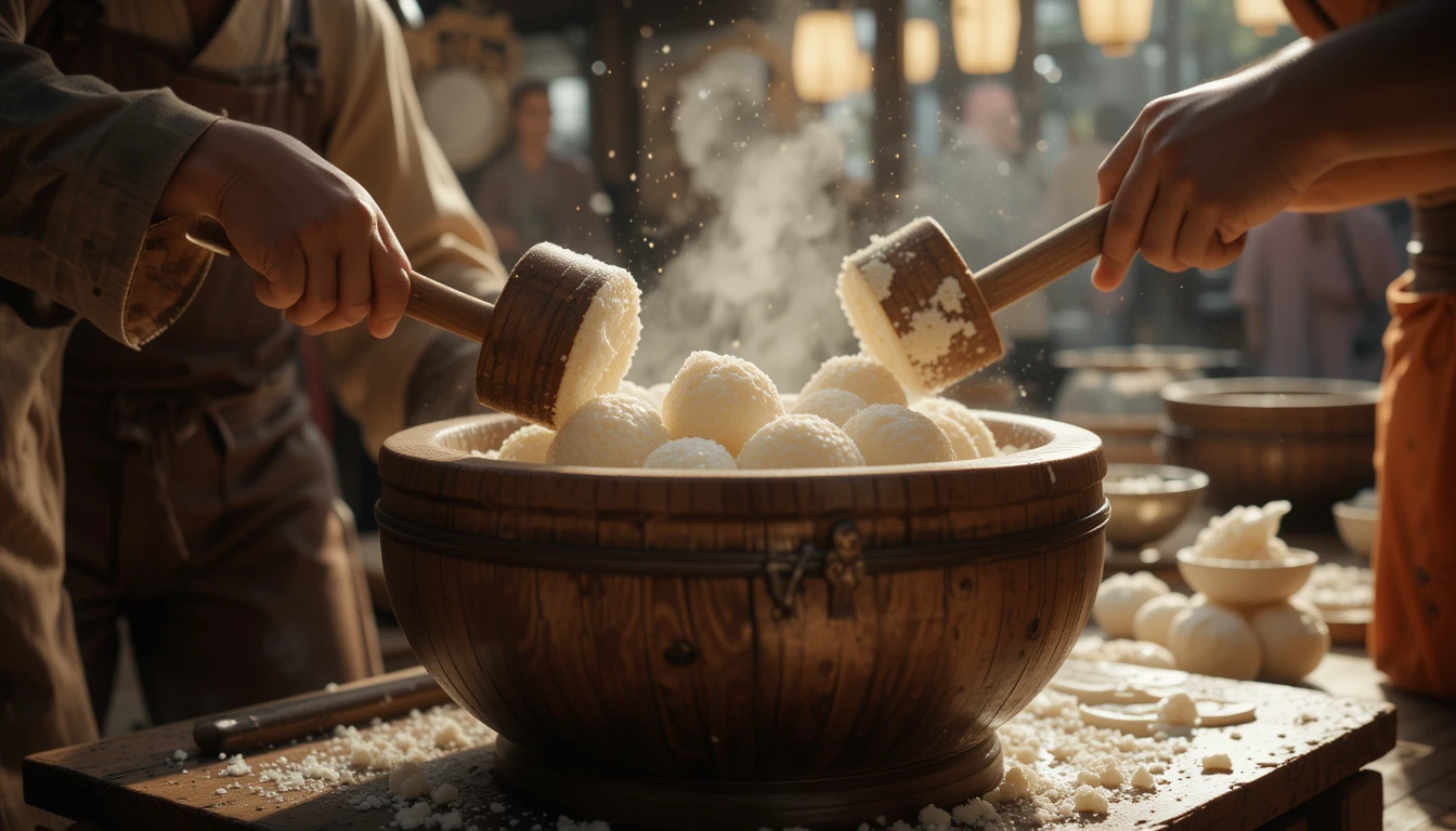 Traditional Japanese mochitsuki in action