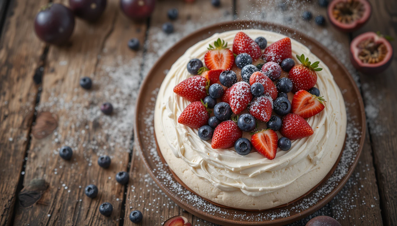 Pavlova topped with whipped cream and fresh berries on a rustic table