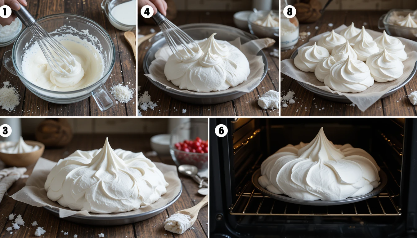 Step-by-step pavlova preparation process from whisking to baking