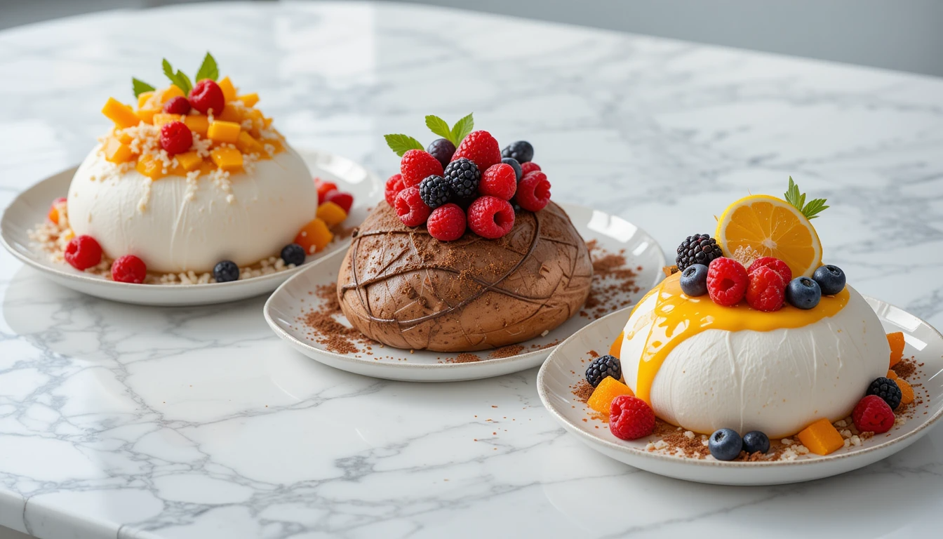 Three types of pavlova: tropical, chocolate, and citrus