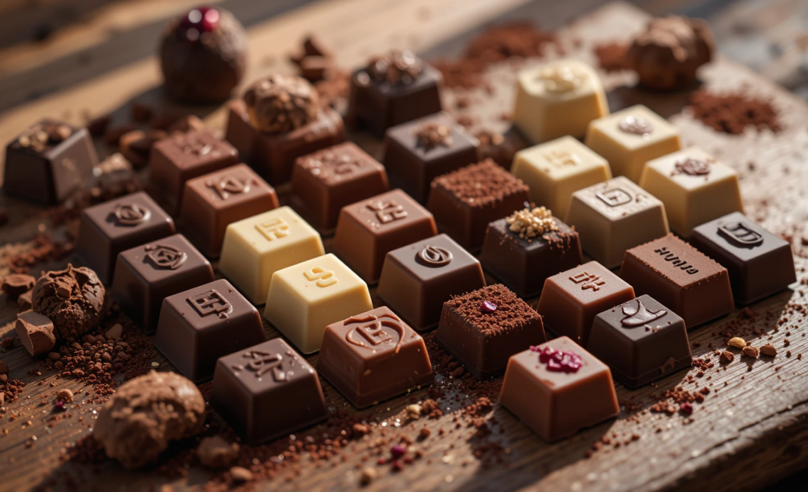 An assortment of dark, milk, white, and ruby chocolates on a wooden table