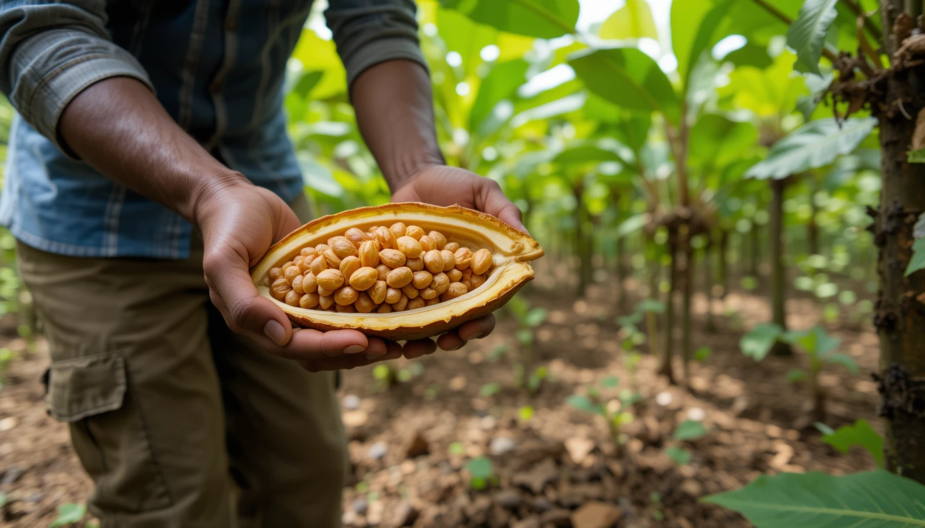 Farmer harvesting cacao pods in a tropical environment