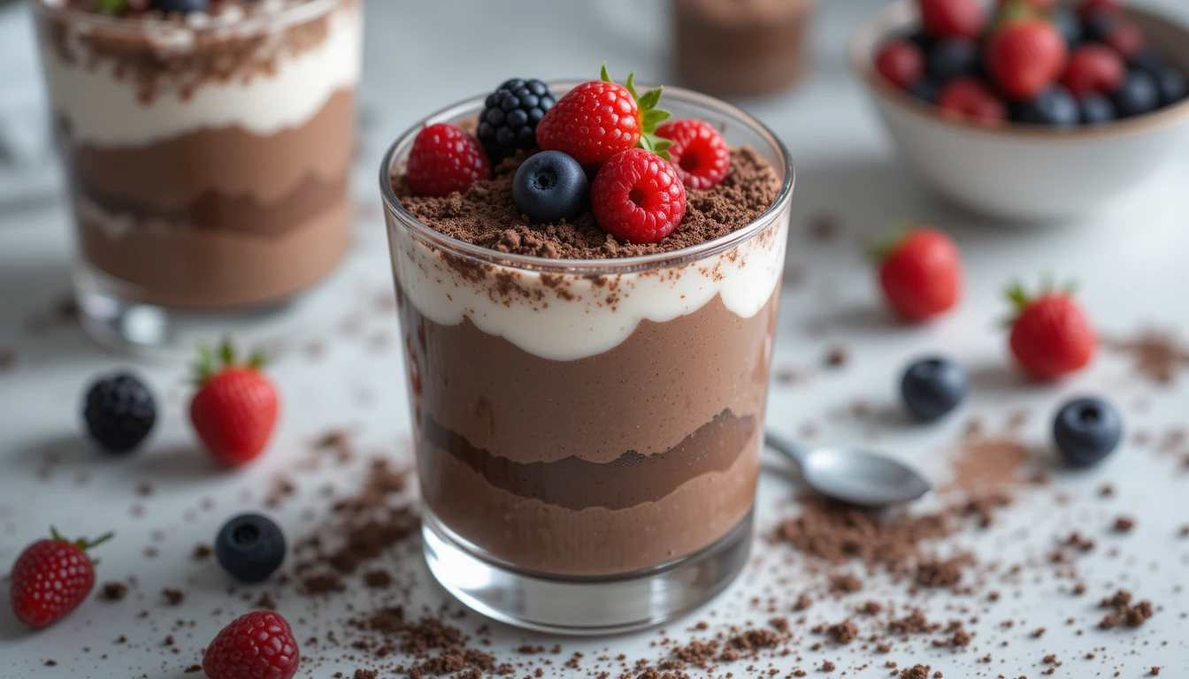 Chocolate yogurt parfait with berries in a glass