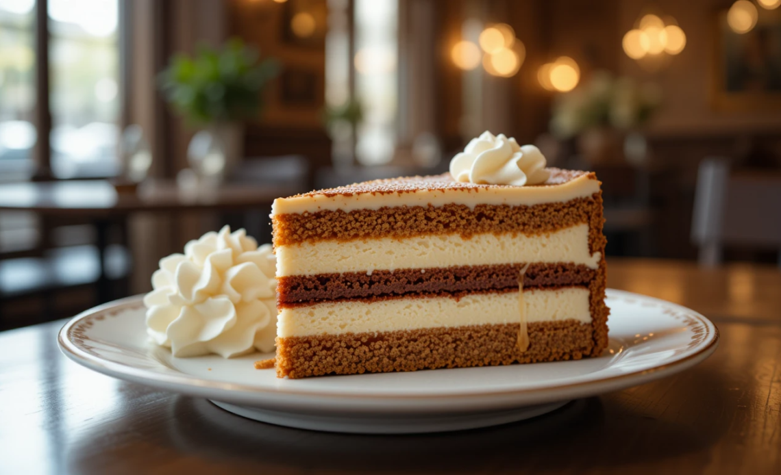 A luxurious slice of Sacher Torte served with whipped cream in a traditional Viennese café.