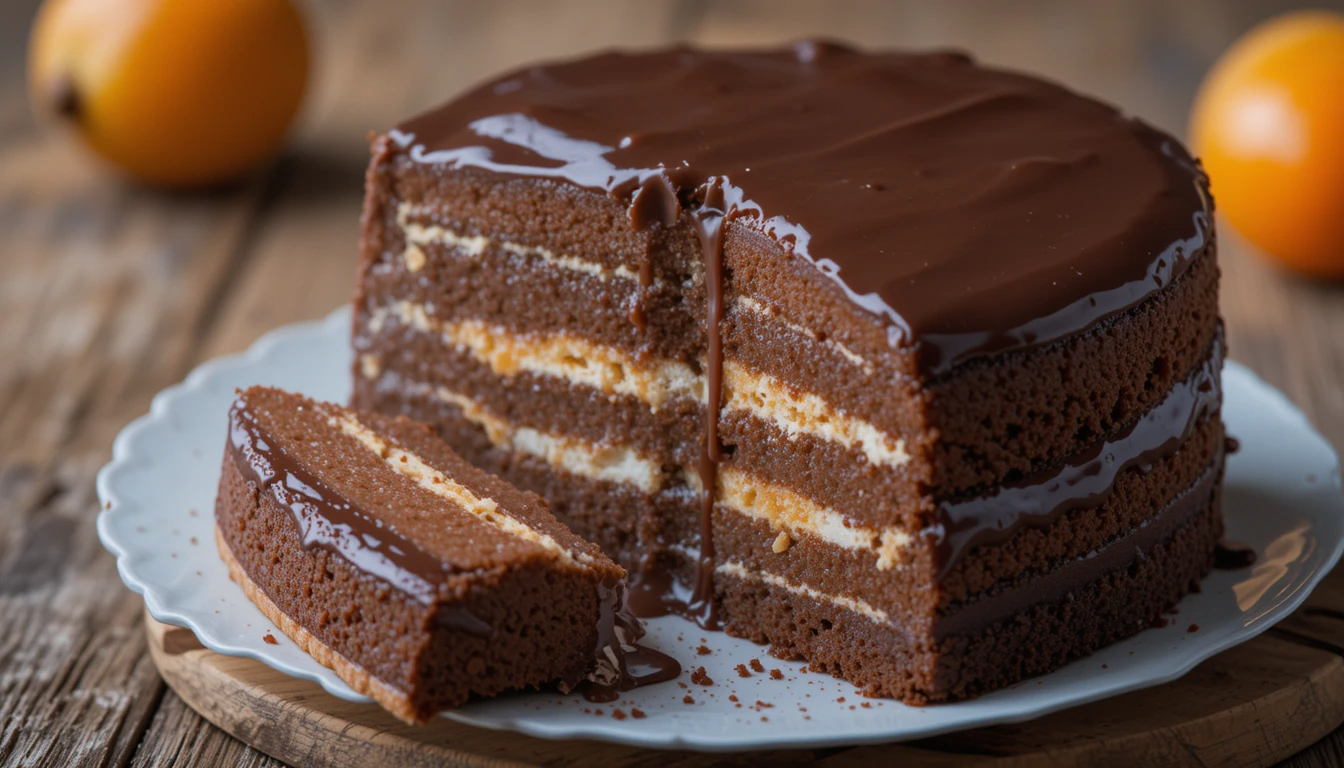 Close-up of a sliced Sacher Torte showing its layered interior of chocolate sponge and apricot jam.