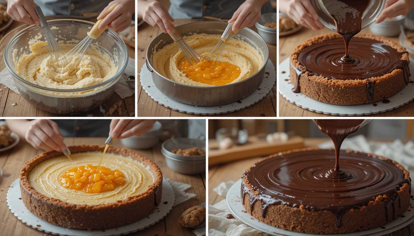 A collage showing the baking process of Sacher Torte including batter preparation, jam layering, and glaze pouring.