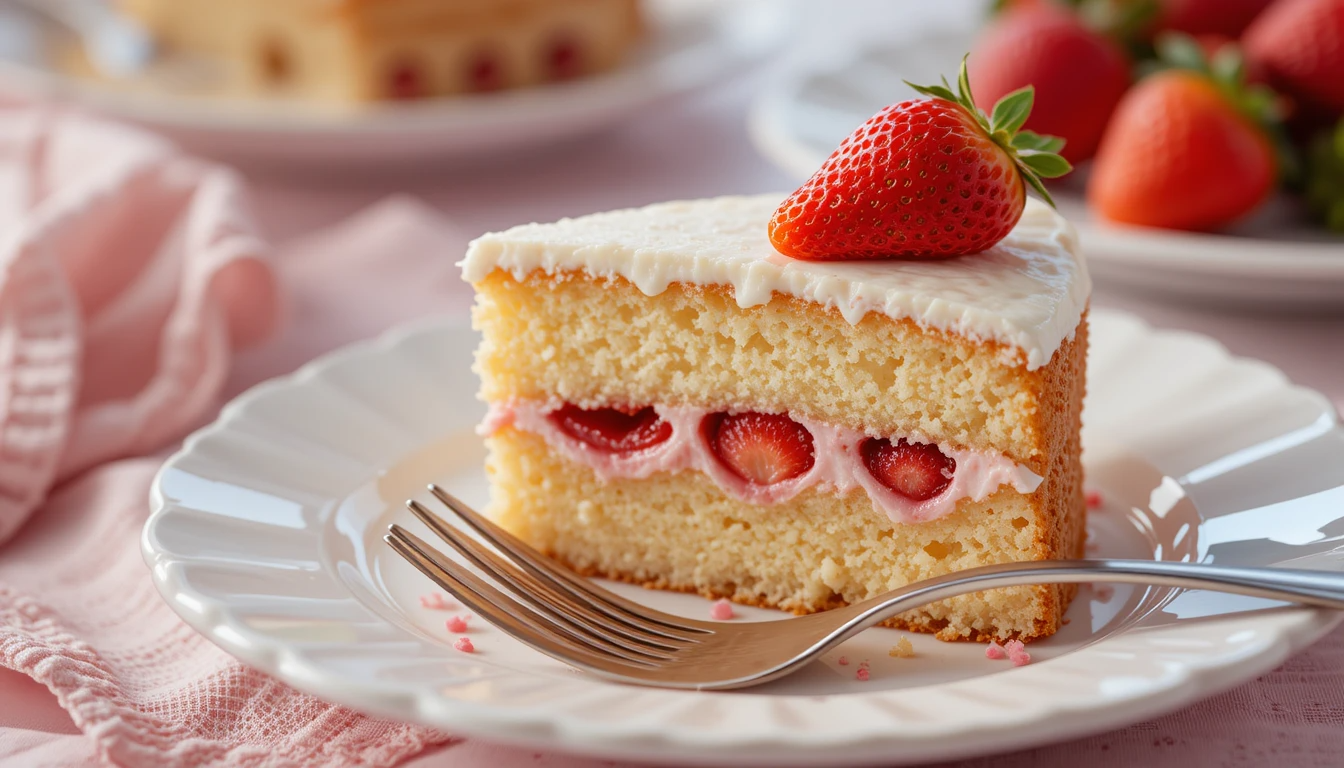 Slice of strawberry shortcake sponge cake