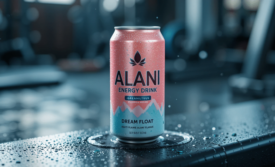 alani energy drink dream float on gym bench