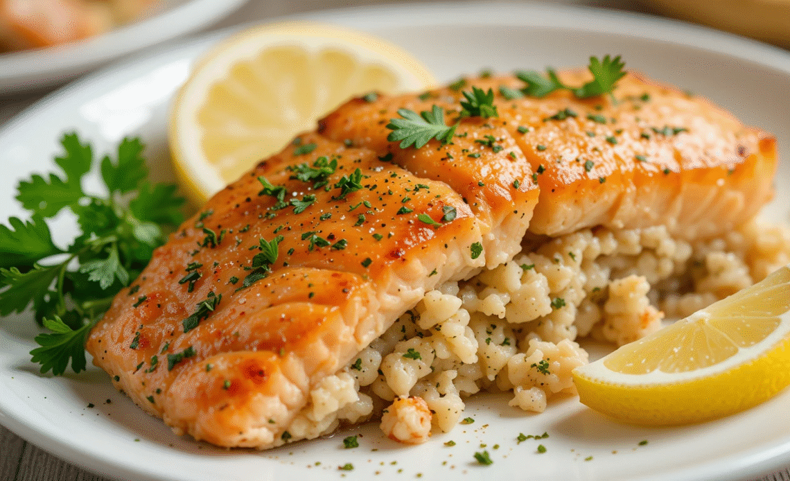 Crab & Shrimp Stuffed Salmon plated with lemon and herbs
