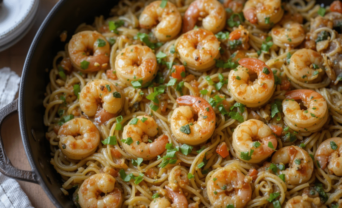 Tuscan Shrimp Orzo Skillet served in one pan